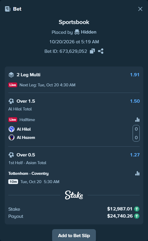 Bet slip: Tottenham - Coventry, $13,000.00 stake at 1.27 odds, placed by Jackpoor