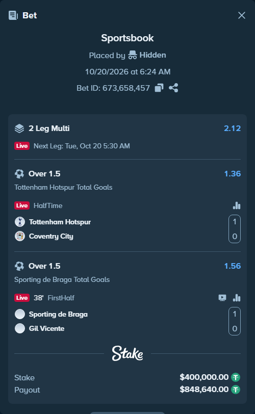 Bet slip: Tottenham - Coventry, $400,400.00 stake at 1.36 odds, placed by Hidden