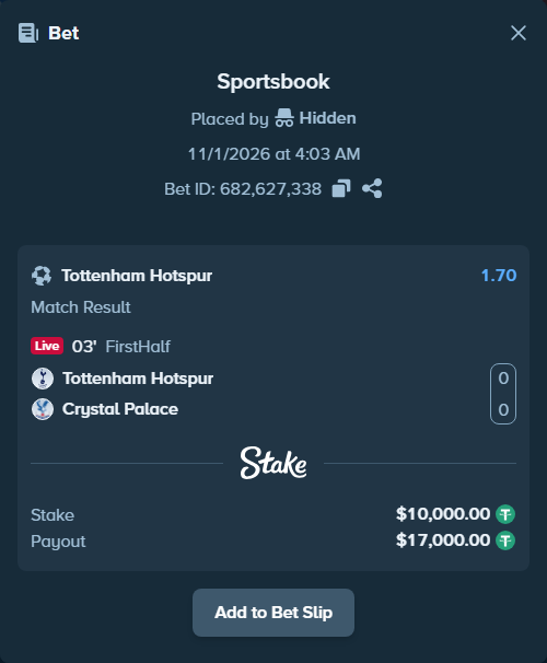 Bet slip: Tottenham - Crystal Palace, $10,000.00 stake at 1.70 odds, placed by Hidden