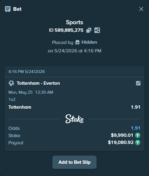 Bet slip: Tottenham - Everton, $10,000.00 stake at 1.91 odds, placed by Hidden