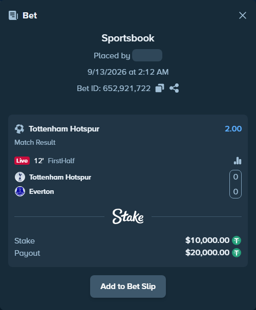 Bet slip: Tottenham - Everton, $10,000.00 stake at 2.00 odds, placed by soloy