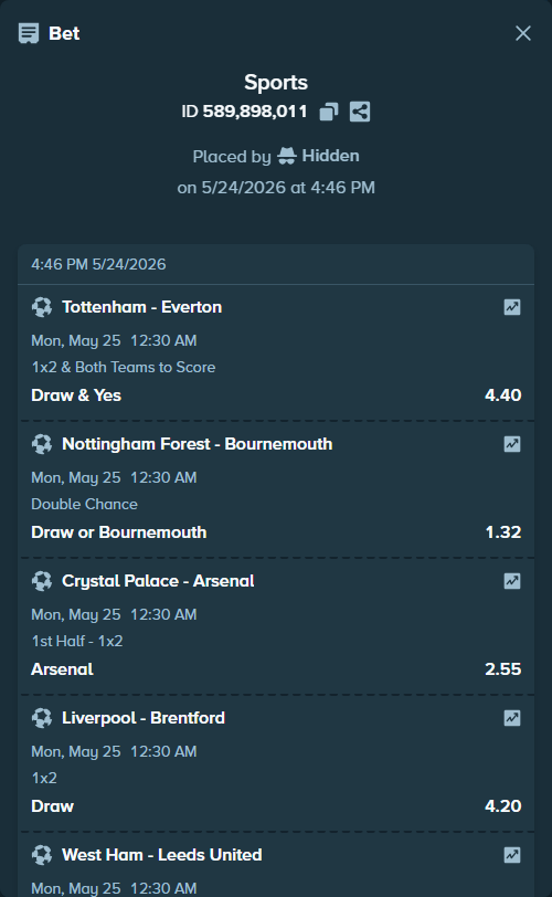 Bet slip: Tottenham - Everton, $11,433.59 stake at 4.40 odds, placed by Hidden