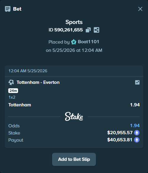 Bet slip: Tottenham - Everton, $17,343.20 stake at 1.94 odds, placed by Boat1101