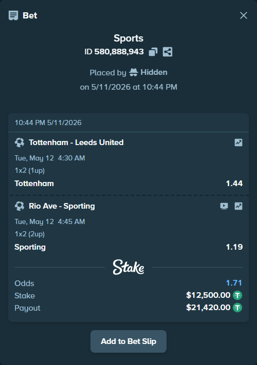 Bet slip: Tottenham - Leeds United, $12,500.00 stake at 1.44 odds, placed by Hidden