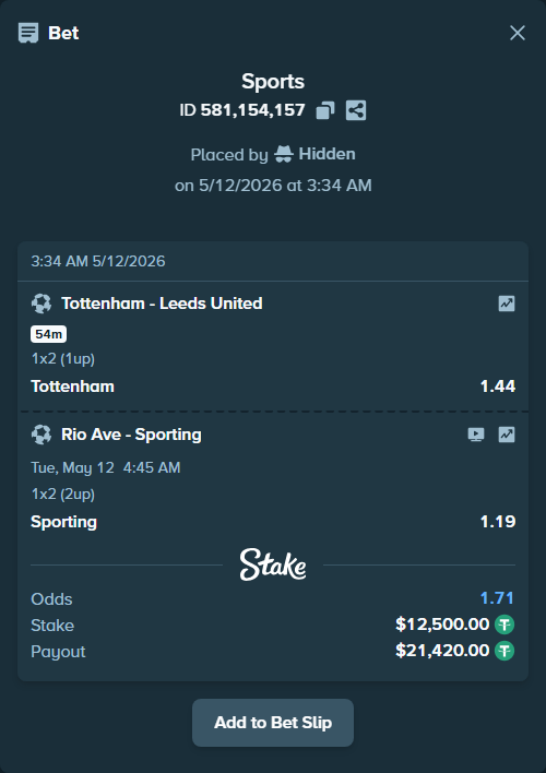 Bet slip: Tottenham - Leeds United, $12,500.00 stake at 1.44 odds, placed by Hidden