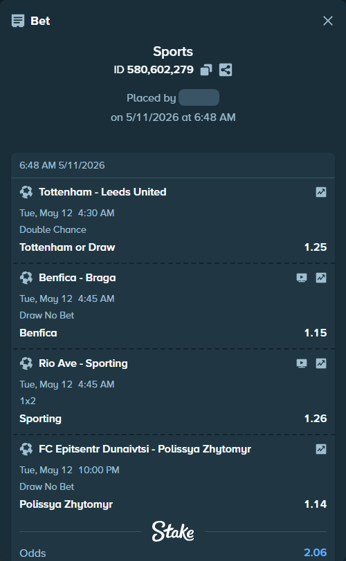 Bet slip: Tottenham - Leeds United, $13,345.56 stake at 1.25 odds, placed by Haliasovskyi