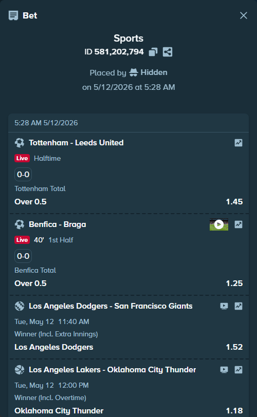 Bet slip: Tottenham - Leeds United, $16,167.00 stake at 1.45 odds, placed by Hidden