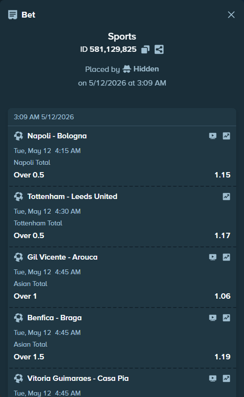 Bet slip: Tottenham - Leeds United, $20,192.00 stake at 1.17 odds, placed by Hidden