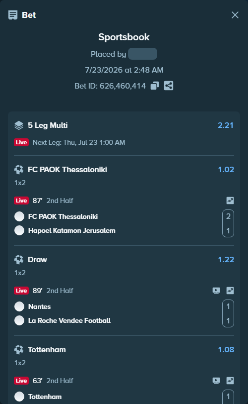Bet slip: Tottenham - Milton Keynes Dons, $10,000.00 stake at 1.08 odds, placed by Jephthah2