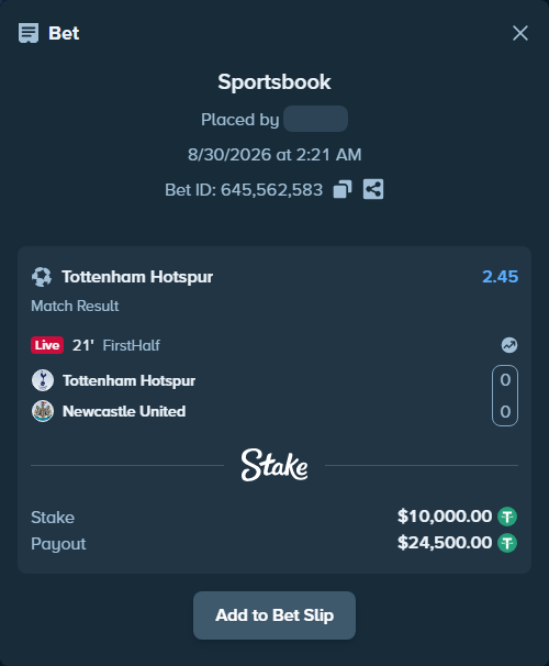 Bet slip: Tottenham - Newcastle, $10,000.00 stake at 2.45 odds, placed by ChelseaPadel