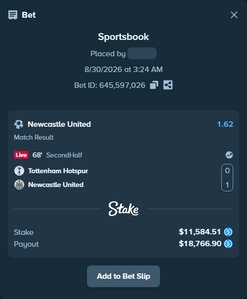 Bet slip: Tottenham - Newcastle, $11,584.51 stake at 1.62 odds, placed by irfanBB