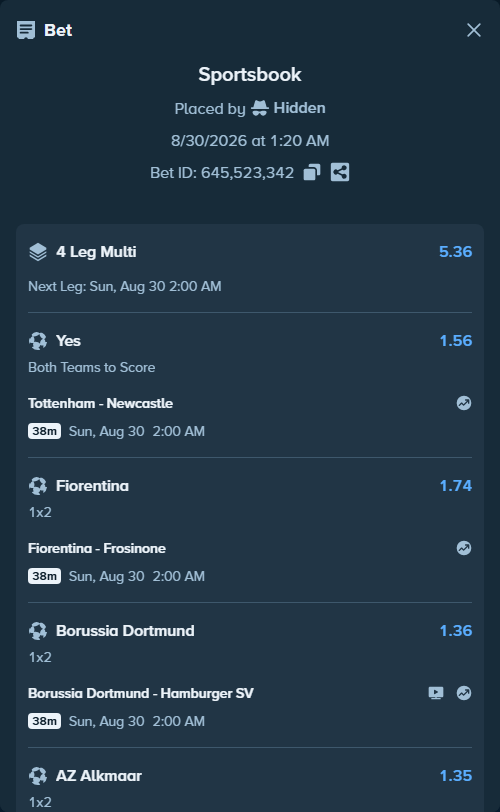 Bet slip: Tottenham - Newcastle, $12,053.99 stake at 1.56 odds, placed by Hidden