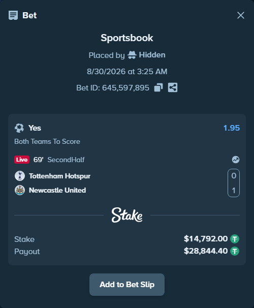 Bet slip: Tottenham - Newcastle, $14,792.00 stake at 1.95 odds, placed by Hidden
