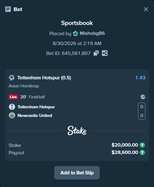 Bet slip: Tottenham - Newcastle, $20,000.00 stake at 1.43 odds, placed by Mishobg86