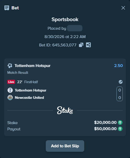 Bet slip: Tottenham - Newcastle, $20,000.00 stake at 2.50 odds, placed by Petter921
