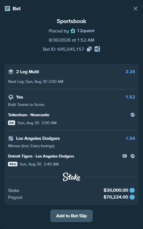 Bet slip: Tottenham - Newcastle, $30,000.00 stake at 1.52 odds, placed by 12quant