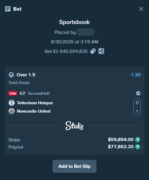 Bet slip: Tottenham - Newcastle, $59,894.00 stake at 1.30 odds, placed by diomancy