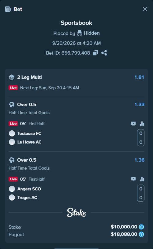 Bet slip: Toulouse - Le Havre, $10,000.00 stake at 1.33 odds, placed by Hidden