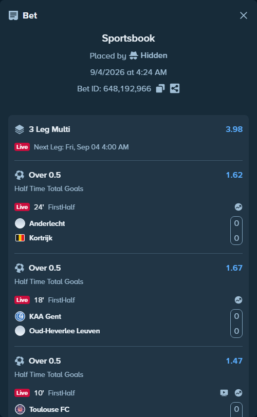 Bet slip: Toulouse - Lille, $144,329.00 stake at 1.47 odds, placed by Hidden