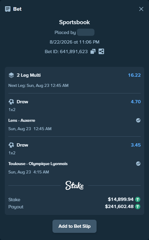 Bet slip: Toulouse - Olympique Lyonnais, $14,899.94 stake at 3.45 odds, placed by partizanti22