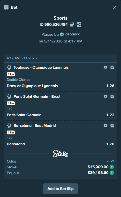 Bet slip: Toulouse - Olympique Lyonnais, $15,000.00 stake at 1.26 odds, placed by ashaark