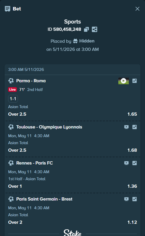 Bet slip: Toulouse - Olympique Lyonnais, $41,266.00 stake at 1.68 odds, placed by Hidden