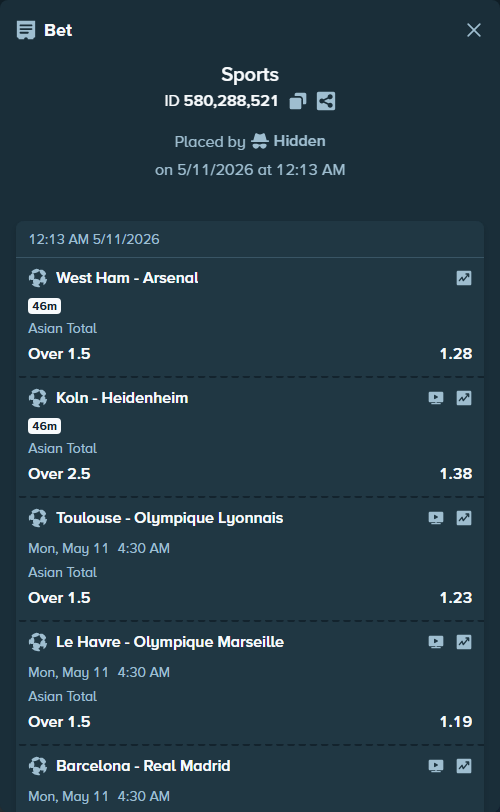 Bet slip: Toulouse - Olympique Lyonnais, $51,405.43 stake at 1.23 odds, placed by Hidden