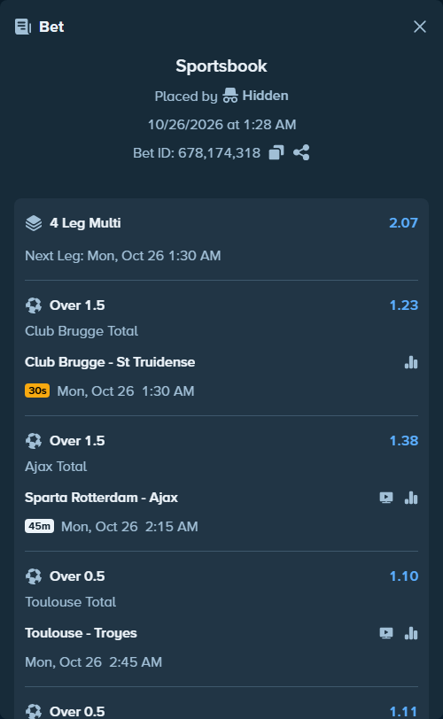 Bet slip: Toulouse - Troyes, $20,000.99 stake at 1.10 odds, placed by Hidden