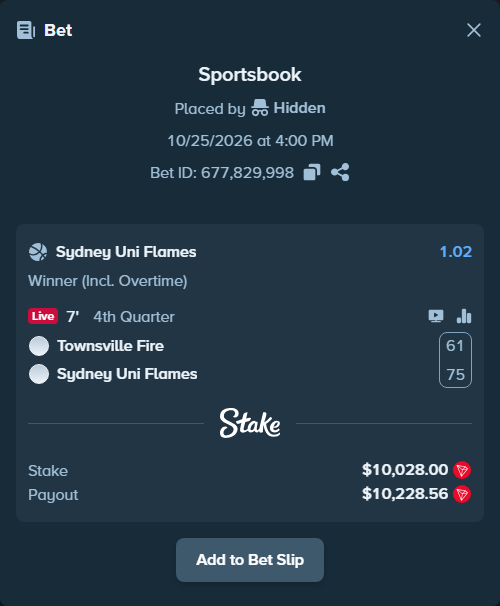 Bet slip: Townsville Fire - Sydney Flames, $10,029.92 stake at 1.02 odds, placed by warosa
