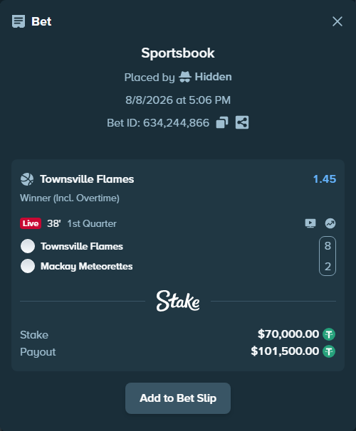 Bet slip: Townsville Flames - Mackay Meteorettes, $70,070.00 stake at 1.45 odds, placed by Hidden