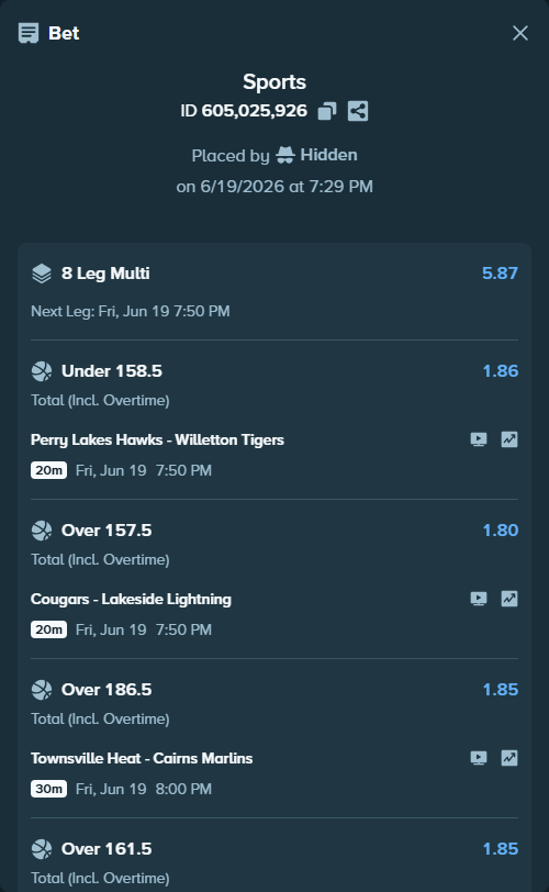 Bet slip: Townsville Heat - Cairns Marlins, $10,000.00 stake at 1.85 odds, placed by Hidden