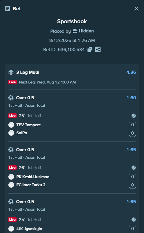 Bet slip: TPV Tampere - SalPa, $11,588.32 stake at 1.60 odds, placed by Hidden