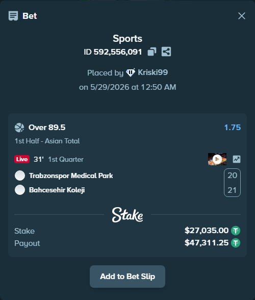 Bet slip: Trabzonspor Basketbol - Bahcesehir Koleji, $27,089.07 stake at 1.75 odds, placed by Kriski99