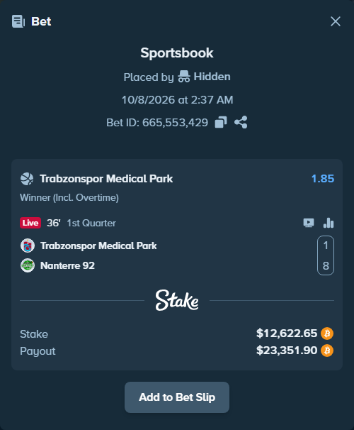 Bet slip: Trabzonspor Basketbol - Nanterre 92, $12,625.63 stake at 1.85 odds, placed by Hidden