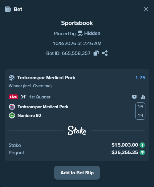 Bet slip: Trabzonspor Basketbol - Nanterre 92, $15,000.00 stake at 1.75 odds, placed by piropiro12