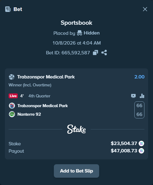 Bet slip: Trabzonspor Basketbol - Nanterre 92, $23,347.08 stake at 2.00 odds, placed by Prettylfacko98