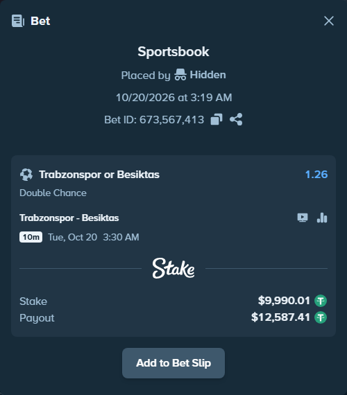 Bet slip: Trabzonspor - Besiktas, $10,000.00 stake at 1.26 odds, placed by Thor9977