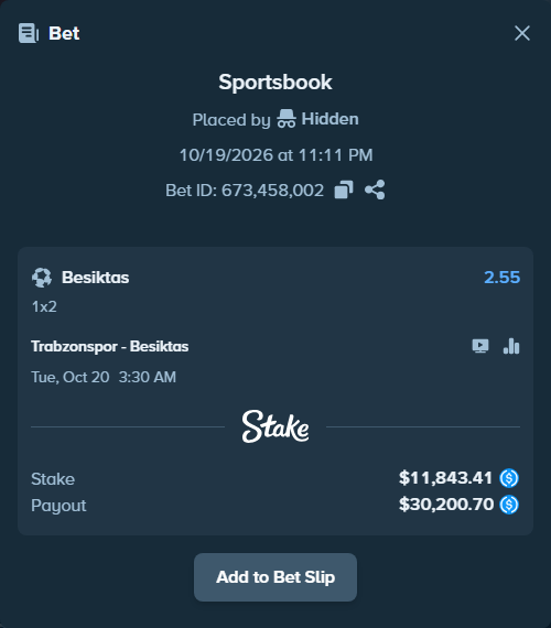 Bet slip: Trabzonspor - Besiktas, $11,843.41 stake at 2.55 odds, placed by Hidden