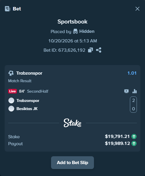 Bet slip: Trabzonspor - Besiktas, $19,811.00 stake at 1.01 odds, placed by JacobSilver