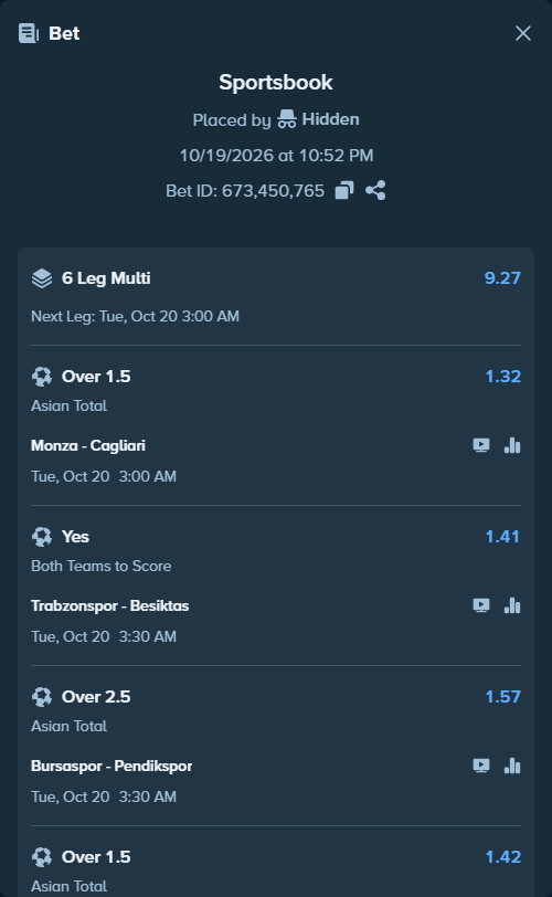 Bet slip: Trabzonspor - Besiktas, $25,693.20 stake at 1.41 odds, placed by Hidden