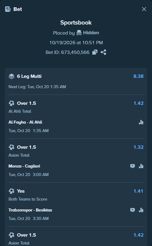 Bet slip: Trabzonspor - Besiktas, $72,750.18 stake at 1.41 odds, placed by Hidden