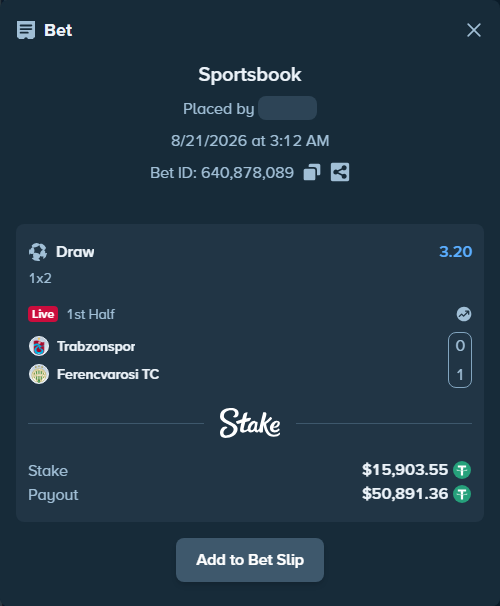Bet slip: Trabzonspor - Ferencvarosi Budapest, $15,903.55 stake at 3.20 odds, placed by partizanti22