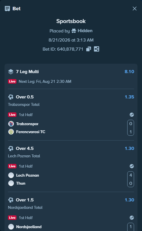 Bet slip: Trabzonspor - Ferencvarosi Budapest, $36,252.00 stake at 1.35 odds, placed by Hidden