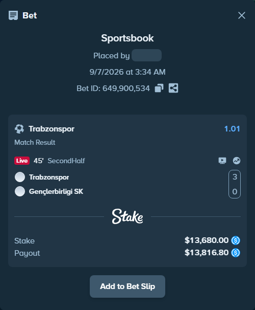 Bet slip: Trabzonspor - Genclerbirligi, $13,680.00 stake at 1.01 odds, placed by reggieewellq
