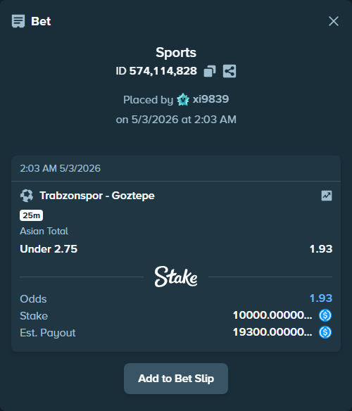 Bet slip: Trabzonspor - Goztepe, $10,000.00 stake at 1.93 odds, placed by xi9839
