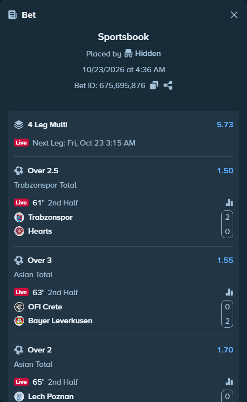 Bet slip: Trabzonspor - Hearts, $10,010.00 stake at 1.50 odds, placed by Hidden