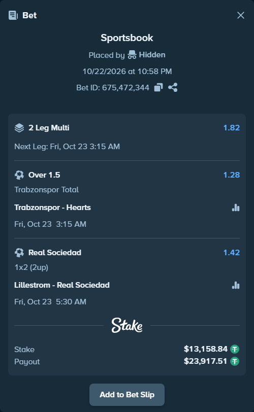 Bet slip: Trabzonspor - Hearts, $13,172.00 stake at 1.28 odds, placed by Hidden