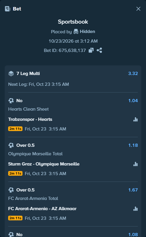 Bet slip: Trabzonspor - Hearts, $69,599.53 stake at 1.04 odds, placed by Hidden