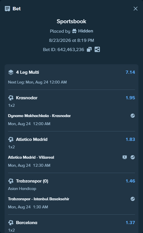 Bet slip: Trabzonspor - Istanbul Basaksehir, $15,000.00 stake at 1.46 odds, placed by Hidden