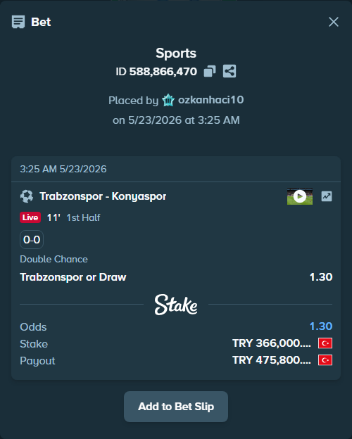 Bet slip: Trabzonspor - Konyaspor, $10,980.00 stake at 1.30 odds, placed by ozkanhaci10